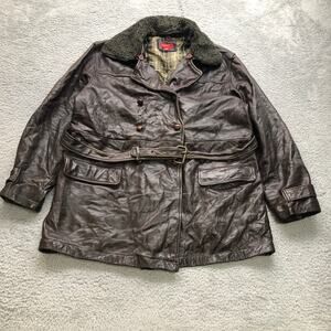 Vintage 90s Esprit Lined Leather Car Coat Jacket Mens Large Belted Brown Belted